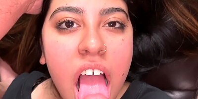 Teen takes snapchats while giving blowjob for facial