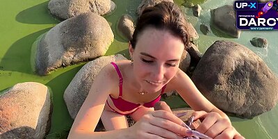 Naughty Beach Babe Gives Sloppy Blowjob Outdoors