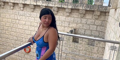 My cute stepsister is alone on the balcony and I come to warm her up to fuck her outdoors