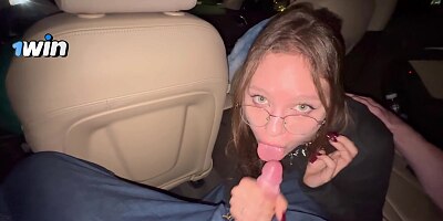 POV: Fast Risky Blowjob in Car During Traveling with Friends. Cum in Mouth