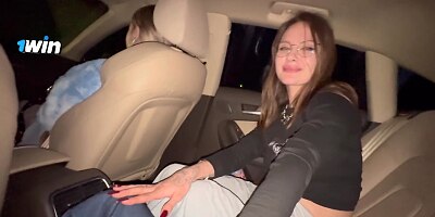 POV: Fast Risky Blowjob in Car During Traveling with Friends. Cum in Mouth