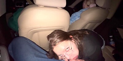 POV: Fast Risky Blowjob in Car During Traveling with Friends. Cum in Mouth