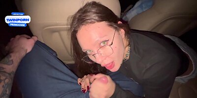 POV: Fast Risky Blowjob in Car During Traveling with Friends. Cum in Mouth
