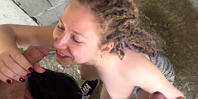 Shared his hot busty girlfriend with his stepfather in an abandoned house