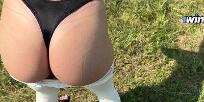 Busty Cute Babe In White Tight Leggings Shows Big Ass On Walk Had Casual Sex