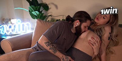 Blonde Babe in Stockings Sucks and Gets a Facial
