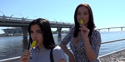 Brunette teen lured into FFM with classy milf and her husband