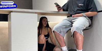 Step Sis Hid Under the Table to Scare Step brother But He Start Jerk Off! She Handjob Stepbrother