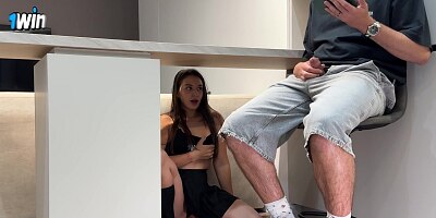 Step Sis Hid Under the Table to Scare Step brother But He Start Jerk Off! She Handjob Stepbrother