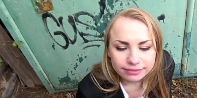 Public Agent - horny blonde in tights creams on thick cock and swallows cum outside!