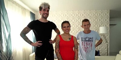 Amateur tattooed Latina tries sex with 2 men for the first time
