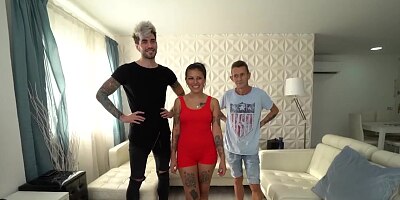 Amateur tattooed Latina tries sex with 2 men for the first time