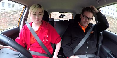 Fake Driving School - Blonde college student offers a blowjob and her hairy pussy