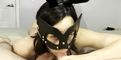 Hot playboy bunny sucks and jerks roommate off to get cum on her hands and face, licks it all up
